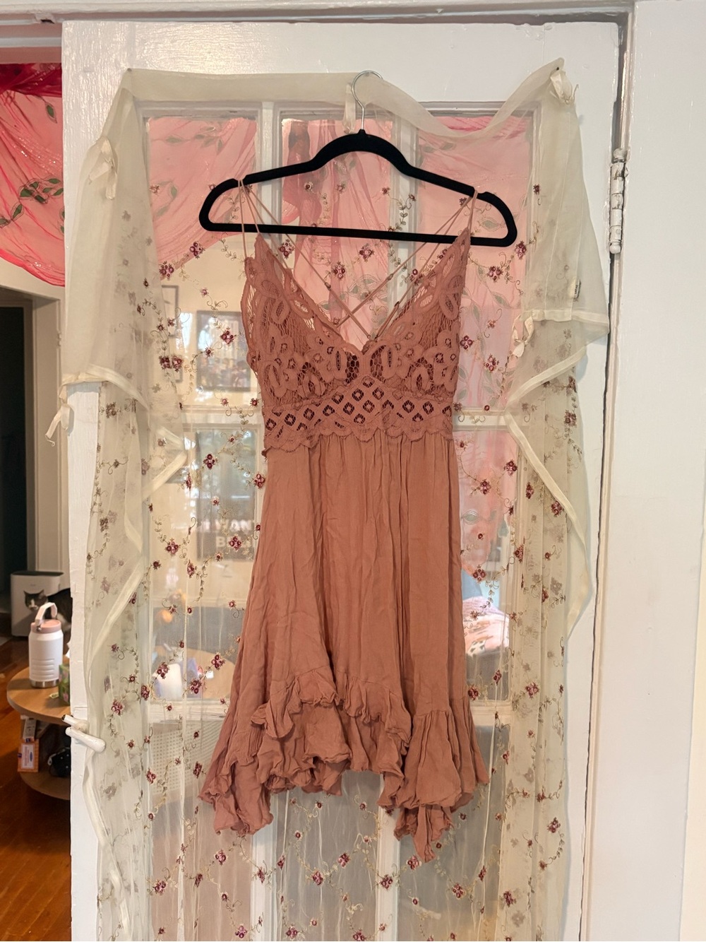 Free People Dusty Rose Crochet Bodice Ruffle Slip Dress